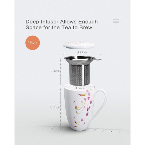  [아마존베스트]immaculife Tea Mug with Infuser and Lid Ceramic Tea Cup with Lid - Teaware with Filter 16oz, White Flower