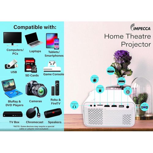  IMPECCA Home Theater Mini Projector, HD Video 720p Projector for Room and Office, Built-in Speakers, Keystone Correction, Movie Projector with 50,000H LED Life, USB,m/SD,VGA, AV In