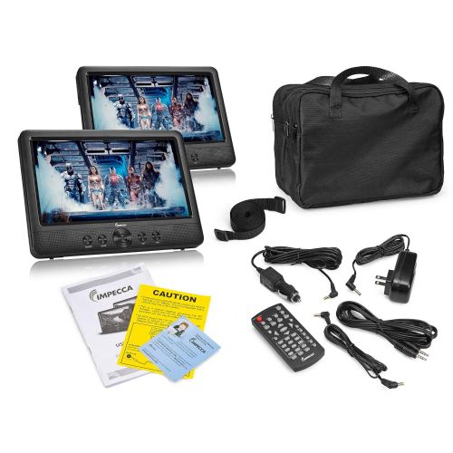  Impecca IMPECCA DVD Player, Portable 10.1” Dual Screen DVD Player for Car Headrest or Home with USB/SD Card Reader, Built in Rechargeable Battery, Last Memory Function, Two Screens Play On