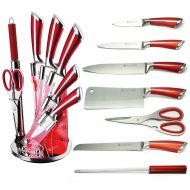 Imperial Collection IM-KST8 WRD Premium Stainless Steel Kitchen Knife Set With with Rotating Block Stand, Red Wine - 8 Piece set