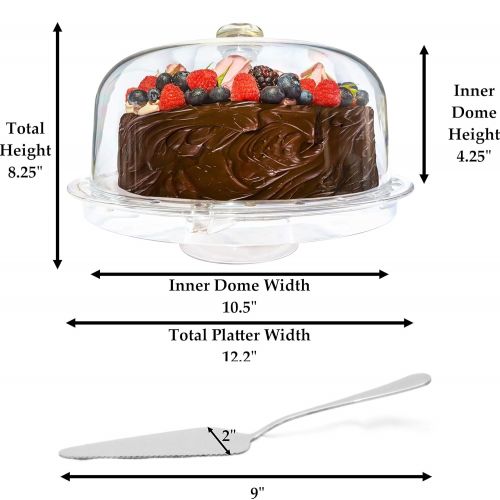  ImpiriLux Acrylic Cake Stand and Multifunctional Serving Platter with Dome | Includes Stainless Steel Cake Cutter Server | For Desserts, Chips, Salads, Pastry and more