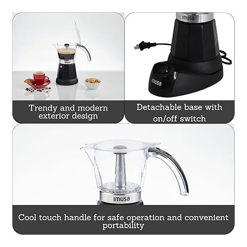  Imusa 3-6 Cup Electric Espresso Maker with Detachable Base, Black