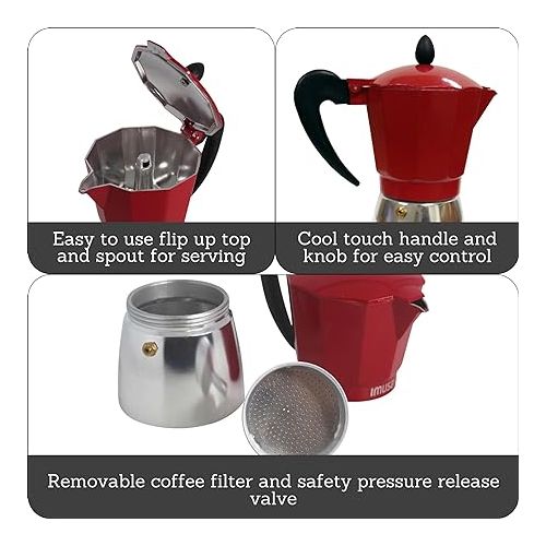  IMUSA USA Red Aluminum Stovetop 6-cup Classic Italian and Cuban Espresso Maker (B120-43T), Silver/Red