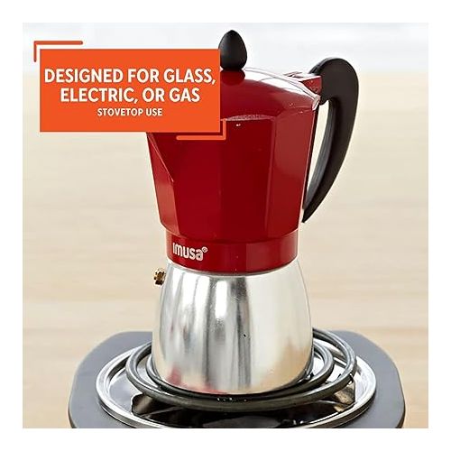  IMUSA USA Red Aluminum Stovetop 6-cup Classic Italian and Cuban Espresso Maker (B120-43T), Silver/Red