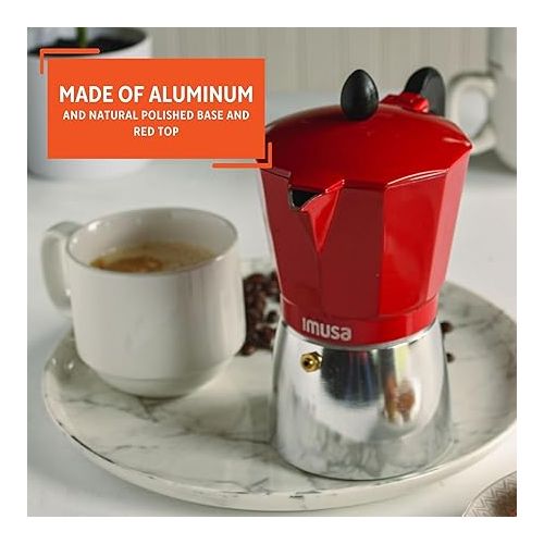  IMUSA USA Red Aluminum Stovetop 6-cup Classic Italian and Cuban Espresso Maker (B120-43T), Silver/Red