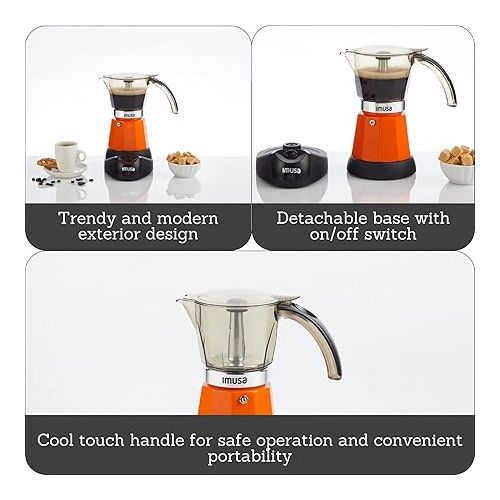  Imusa 3-6 Cup Electric Espresso Maker with Detachable Base, Orange