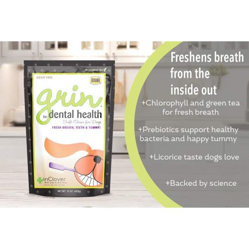  In Clover Grin Daily Dental Care Chews for Dogs, Grain Free Formula for Clean Teeth and Fresh Breath, Scientifically Formulated, Stop Plaque and Tartar with Antibacterials and Preb
