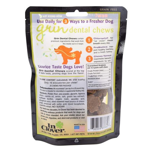  In Clover Grin Daily Dental Care Chews for Dogs, Grain Free Formula for Clean Teeth and Fresh Breath, Scientifically Formulated, Stop Plaque and Tartar with Antibacterials and Preb