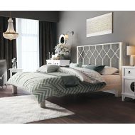 In Style Furnishings Aura Modern Metal Low Profile Thick Slats Support Platform Bed Frame With Honeycomb Headboard - King Size, White