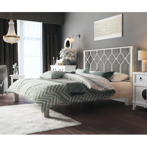  In Style Furnishings Aura Modern Metal Low Profile Thick Slats Support Platform Bed Frame With Honeycomb Headboard - King Size, White