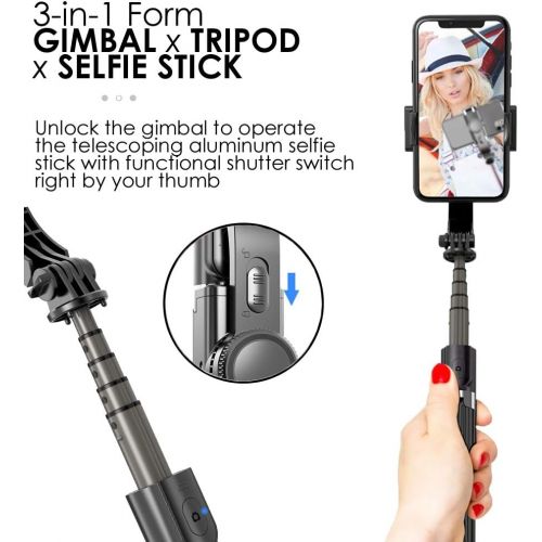  InDigi Single Axis Handheld Gimbal Stabilizer, 3-in-1 Collapsible Portable Smartphone Selfie Stick Tripod, Anti-Shake 360° Rotate with Wireless Remote for iPhone Android Phone Blogger You