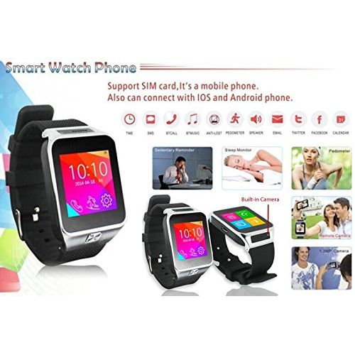  InDigi Indigi 2-in-1 GSM Bluetooth Smart Watch Phone w Built-in Camera Pedometer Sleep Monitor Radio - GSM Unlocked! (Silver)