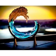 InFusionGlass 3D Ocean Wave 8 inch Pet Cremation Ash Memorial Ashes InFused Glass with Rod Iron Stand Urn Sculpture