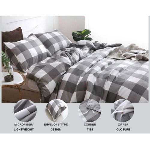  LSSAWZH QYsong Grey and White Plaid Duvet Cover Twin (68x90 Inch), 2 Pieces Include 1 Gird Geometric Checker Pattern Printed Duvet Cover Zipper Closure and 1 Pillowcase, Bedding Se