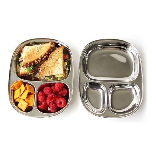  IndiaBigShop Stainless Steel Three Compartment Oval Plate, Thali, Mess Tray, Dinner Plate Set of 4 pcs- 28 cm each