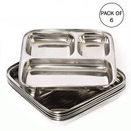 IndiaBigShop 100% Stainless Steel Three in one Dinner Plate | Three sections divided plate | Three section plate | Set of 6 Mess Trays