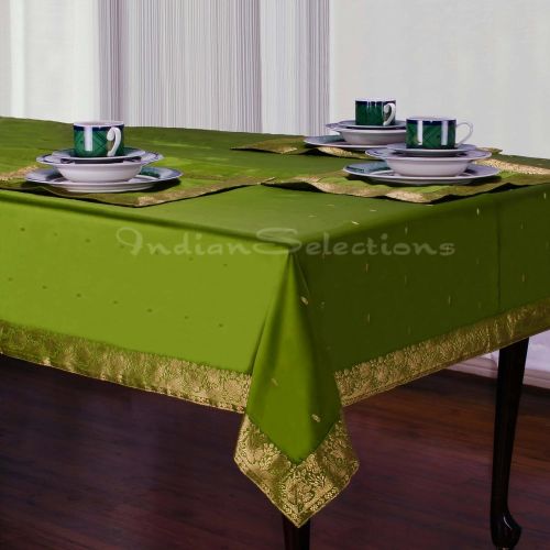  Indian Selections Forest Green - Handmade Sari Square Tablecloth (India) - 52 X 52