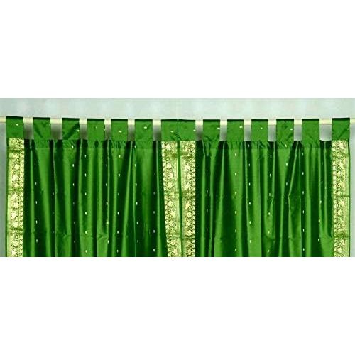  Indian Selections Indo Forest Green Tab Top Sari Sheer Curtain 43 in. x 84 in. - Piece