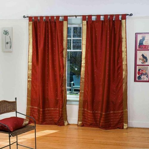  Indian Selections Rust Tab Top Sheer Sari CurtainDrape  Panel - 60W x 96L - Pair