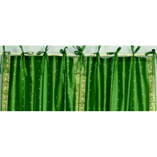  Indian Selections Forest Green Tie Top Sheer Sari CurtainDrape  Panel - 60W x 63L - Pair