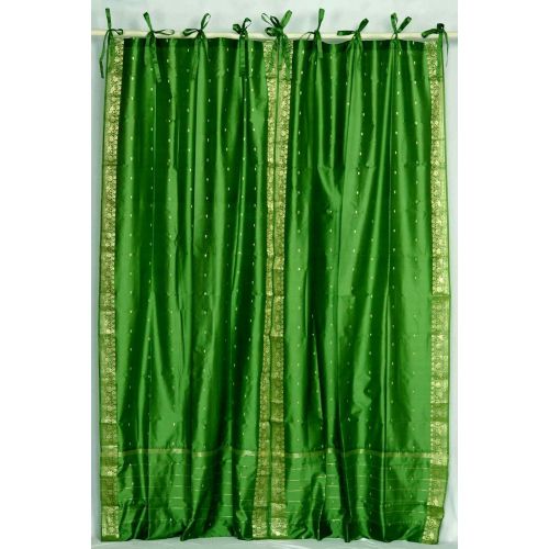 Indian Selections Forest Green Tie Top Sheer Sari CurtainDrape  Panel - 60W x 63L - Pair