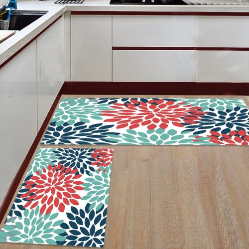  Infinidesign 2 Piece Kitchen Rubber Backing Non-Slip Bath Rugs Runner Doormat Set - Geometric Flower Runner Carpet Set - 15.7x23.6+15.7x47.2