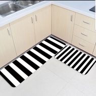 Infinidesign 2 Piece Kitchen Rubber Backing Non-Slip Bath Rugs Runner Doormat Set - Black and White Stripes Runner Carpet Set - 15.7x23.6+15.7x47.2