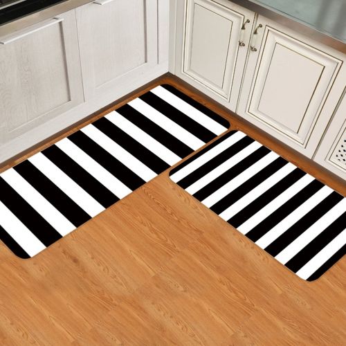  Infinidesign 2 Piece Kitchen Rubber Backing Non-Slip Bath Rugs Runner Doormat Set - Black and White Stripes Runner Carpet Set - 15.7x23.6+15.7x47.2