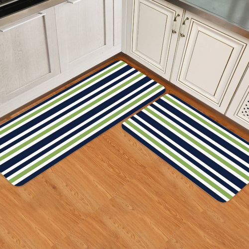  Infinidesign 2 Piece Kitchen Rubber Backing Non-Slip Bath Rugs Runner Doormat Set - Navy Blue and Lime Green Stripes Runner Carpet Set - 15.7x23.6+15.7x47.2