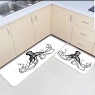 Infinidesign 2 Piece Kitchen Rubber Backing Non-Slip Bath Rugs Runner Doormat Set - Monochrome Octopus Runner Carpet Set - 19.7x31.5+19.7x47.2