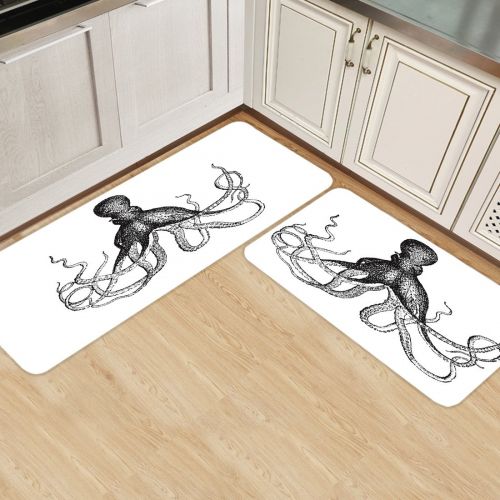  Infinidesign 2 Piece Kitchen Rubber Backing Non-Slip Bath Rugs Runner Doormat Set - Monochrome Octopus Runner Carpet Set - 19.7x31.5+19.7x47.2