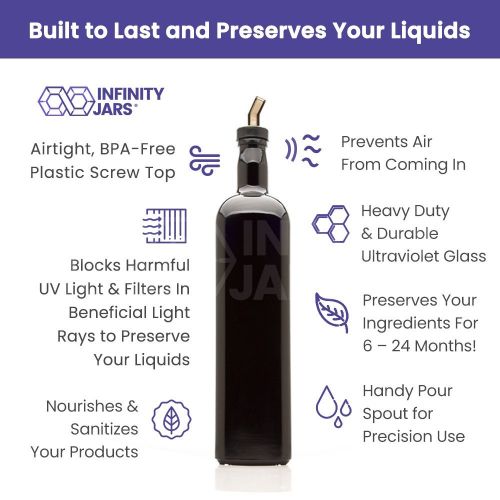  Infinity Jars 1 Liter (34 fl oz) Square Large Ultraviolet Glass Refillable Oil Bottle with Plastic Pour Spout