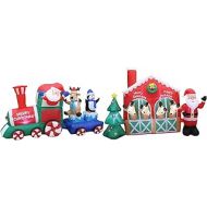 Blossom Inflatables Two Christmas Party Decorations Bundle, Includes 7 Foot Long Inflatable Santa Claus Reindeer Penguin on Train, and 9 Foot Long Inflatable Santa Claus Reindeer Stable Christmas Tree