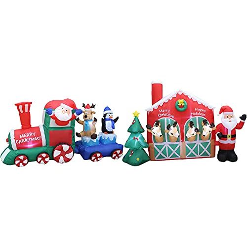 인플레터블 할로윈 용품Blossom Inflatables Two Christmas Party Decorations Bundle, Includes 7 Foot Long Inflatable Santa Claus Reindeer Penguin on Train, and 9 Foot Long Inflatable Santa Claus Reindeer Stable Christmas Tree