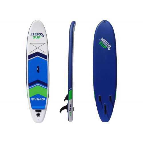 인플레터블 Hero SUP 112 Crusader Inflatable SUP All-Around Stand Up Paddle Board, Rolling Backpack, 3-Piece Paddle, 3 Removable Fins, Dual Action Hand Pump, Includes New 10 Leash & 15L Dry Ba