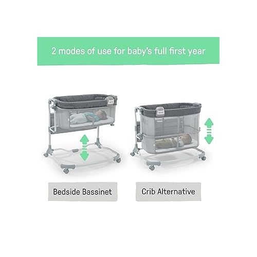 인제뉴어티 Ingenuity Dream & Grow Bedside Baby Bassinet with AirLoom Mattress, for Ages 0-12 Months, Adjustable Height - Handstitch (Grey)
