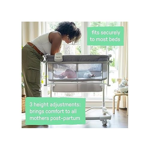 인제뉴어티 Ingenuity Dream & Grow Bedside Baby Bassinet with AirLoom Mattress, for Ages 0-12 Months, Adjustable Height - Handstitch (Grey)