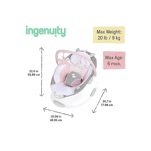 인제뉴어티 Ingenuity Soothing Baby Bouncer Infant Seat with Vibrations, -Toy Bar & Sounds, 0-6 Months Up to 20 lbs (Pink Flora the Unicorn)