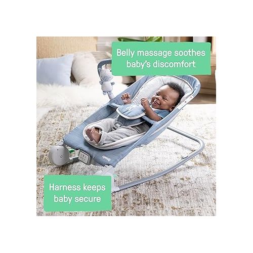 인제뉴어티 Ingenuity Happy Belly Rock-to-Bounce Seat, Music, Belly Massage & Vibration, Detachable Toy Bar, Plush Sloth Toy, for Ages 0-6 Months, Grey - Chambray