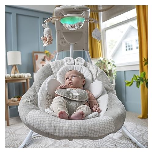 인제뉴어티 Ingenuity InLighten 6-Speed Foldable Baby Swing with Light Up Mobile, Swivel Infant Seat and Nature Sounds, 0-9 Months Up to 20 lbs (Twinkle Tails Bunny)