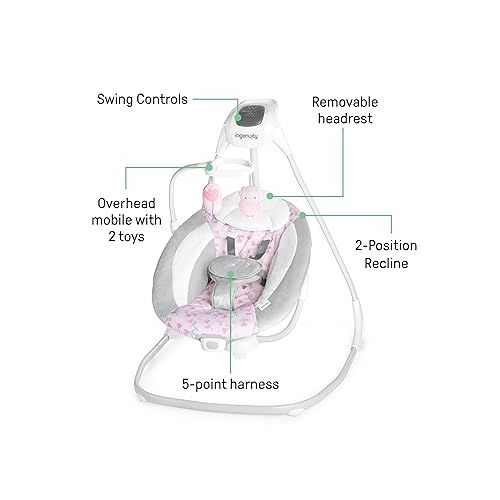 인제뉴어티 Ingenuity SimpleComfort Lightweight Compact 6-Speed Multi-Direction Baby Swing, Vibrations & Nature Sounds, 0-9 Months 6-20 lbs (Pink Cassidy)