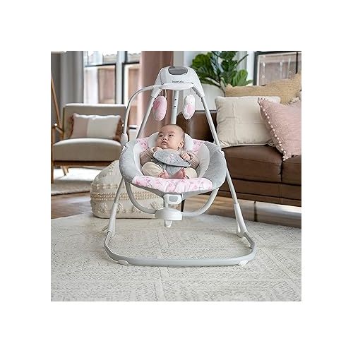 인제뉴어티 Ingenuity SimpleComfort Lightweight Compact 6-Speed Multi-Direction Baby Swing, Vibrations & Nature Sounds, 0-9 Months 6-20 lbs (Pink Cassidy)