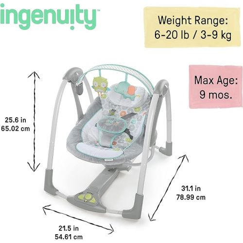 인제뉴어티 Ingenuity Swing 'n Go 5-Speed Baby Swing - Foldable, Portable, 2 Plush Toys & Sounds, 0-9 Months 6-20 lbs (Hugs & Hoots)