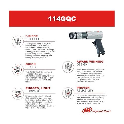 Ingersoll Rand 114GQC Air Hammer - 3 PC Chisel Set with Tapered Punch, Panel Cutter, Flat Chisel, 2-5/8 Inch stroke, 3500 BPM, Lightweight, Compact, Gray