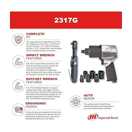  Ingersoll Rand 2317G Edge Series Kit with 231G Air Impact & 170G Air Ratchet Wrench, 5 Piece Socket Set and Storage Carry Case, Ergonomic Grips, Black