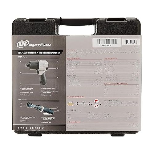  Ingersoll Rand 2317G Edge Series Kit with 231G Air Impact & 170G Air Ratchet Wrench, 5 Piece Socket Set and Storage Carry Case, Ergonomic Grips, Black