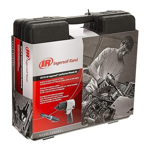  Ingersoll Rand 2317G Edge Series Kit with 231G Air Impact & 170G Air Ratchet Wrench, 5 Piece Socket Set and Storage Carry Case, Ergonomic Grips, Black