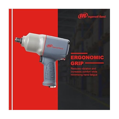  Ingersoll Rand 2145QiMAX 3/4” Drive Air Impact Wrench - Quiet Technology, 1,350 ft-lbs Powerful Reverse Torque Output, 7 Vane Motor, Steel Hammer Case, Gray