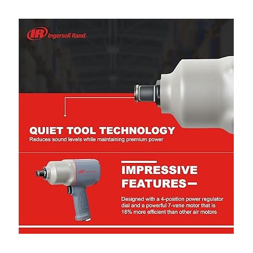  Ingersoll Rand 2145QiMAX 3/4” Drive Air Impact Wrench - Quiet Technology, 1,350 ft-lbs Powerful Reverse Torque Output, 7 Vane Motor, Steel Hammer Case, Gray