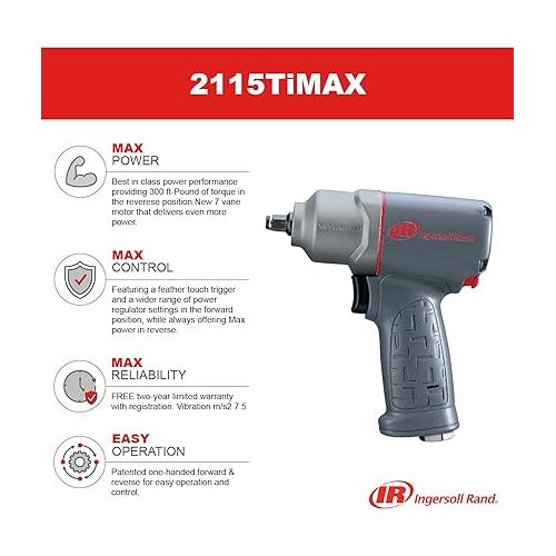  Ingersoll Rand 2115TiMAX 3/8” Drive Air Impact Wrench -Powerful Reverse Torque Output Up to 1,350 ft/bs, 7 Vane Motor, Light Touch Trigger, Max Control, Gray